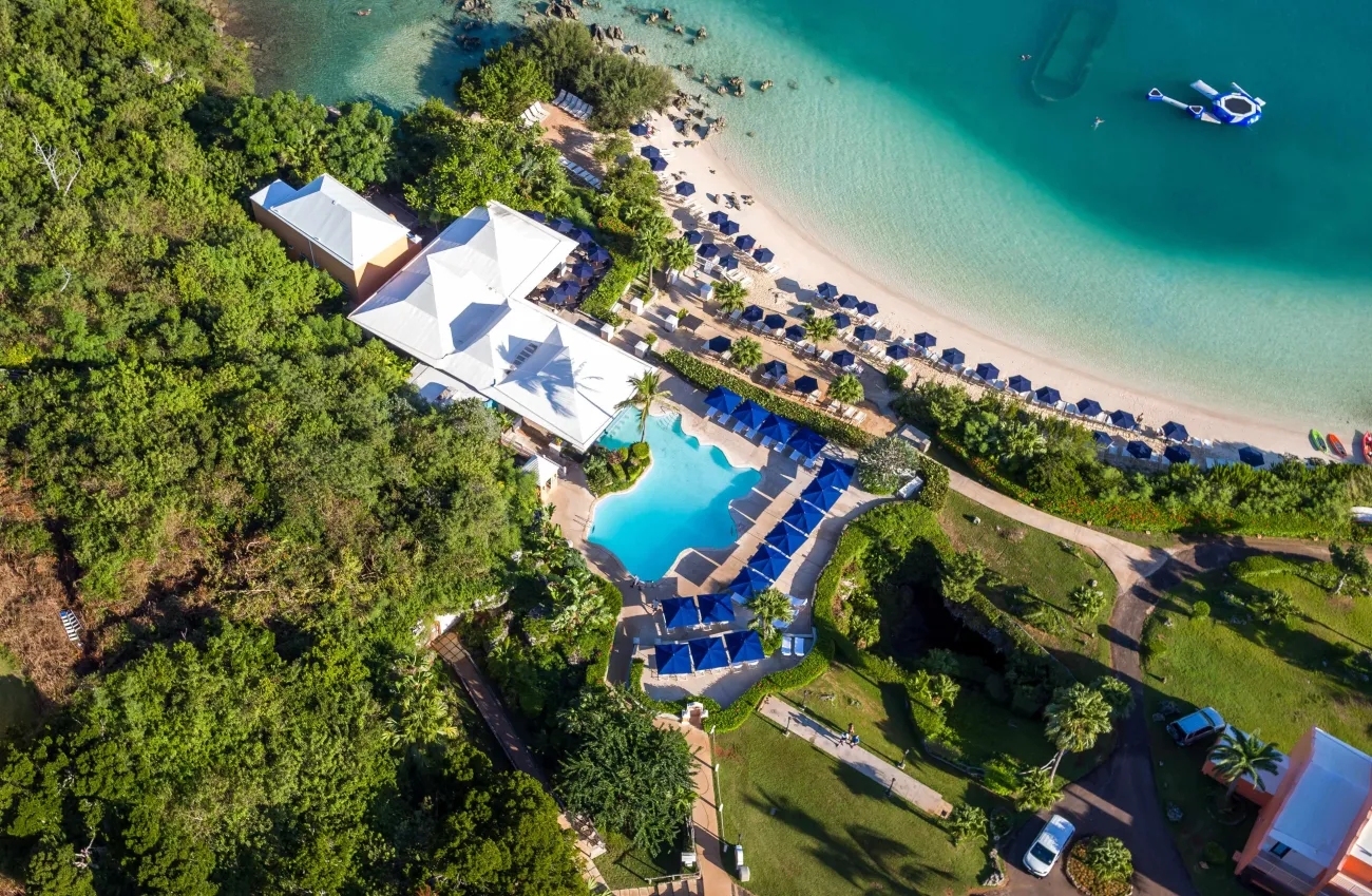 Aerial view of the pool at Grotto Bay Resort.