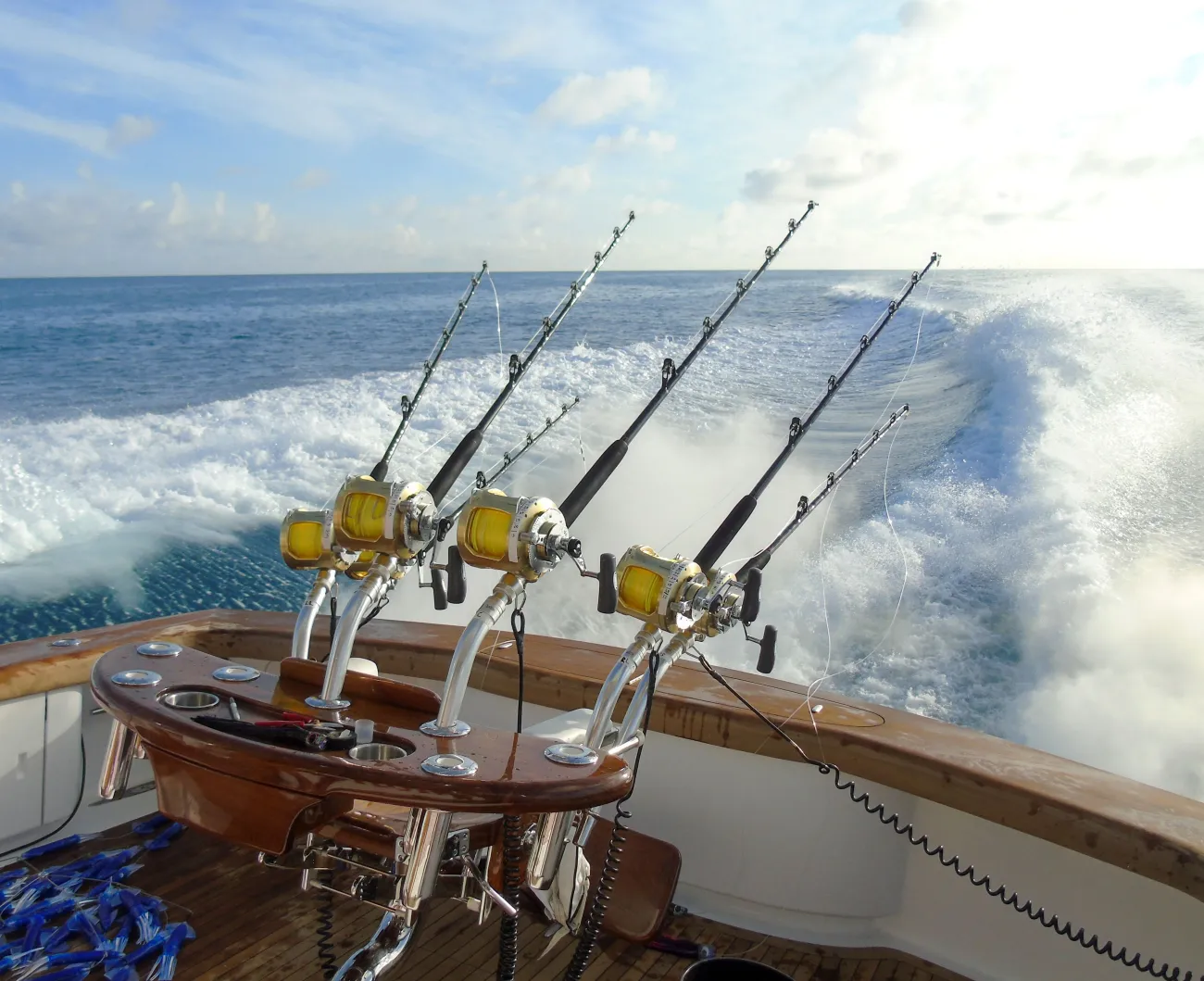 A boat with fishing lines. 