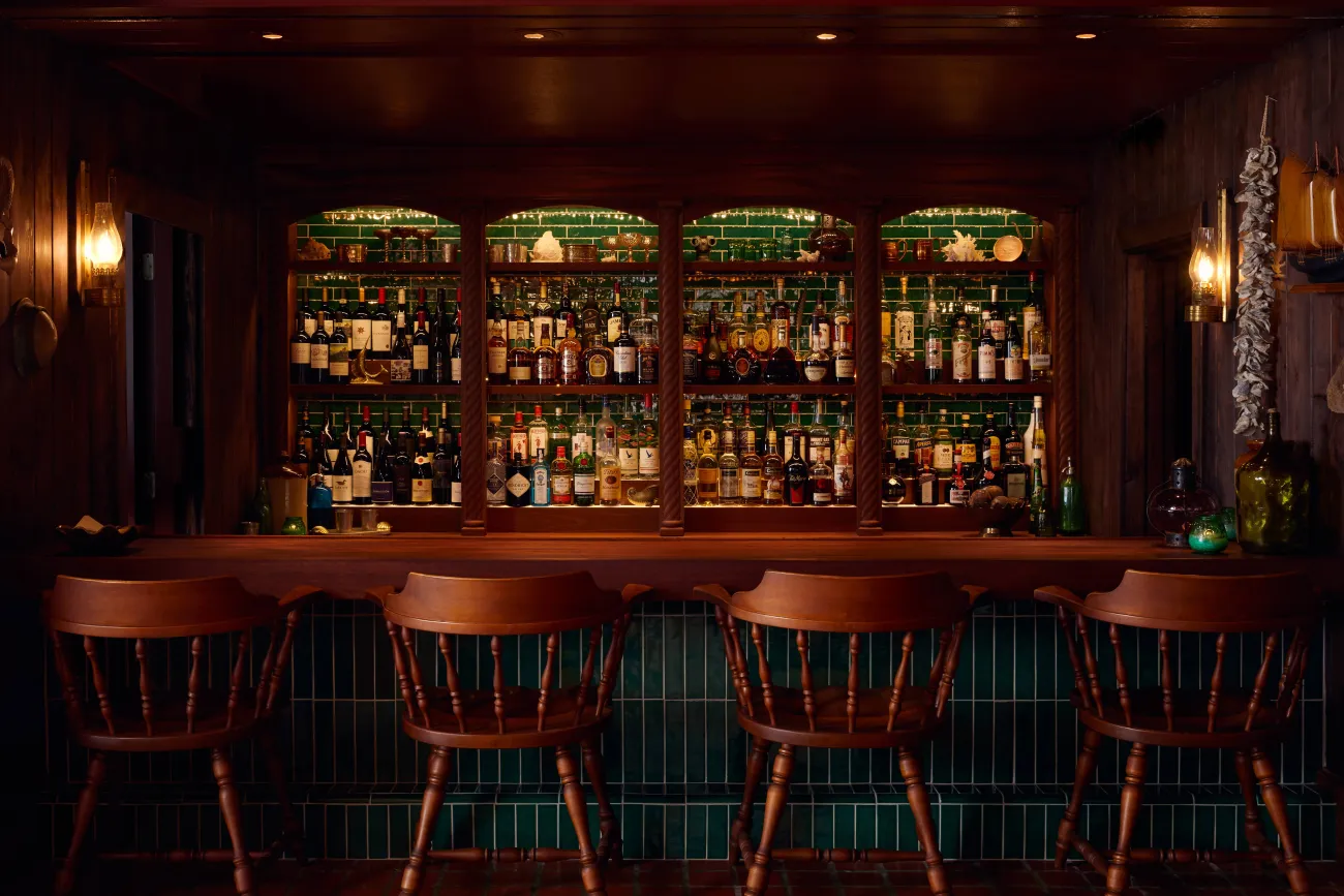 A wide view of a bar.