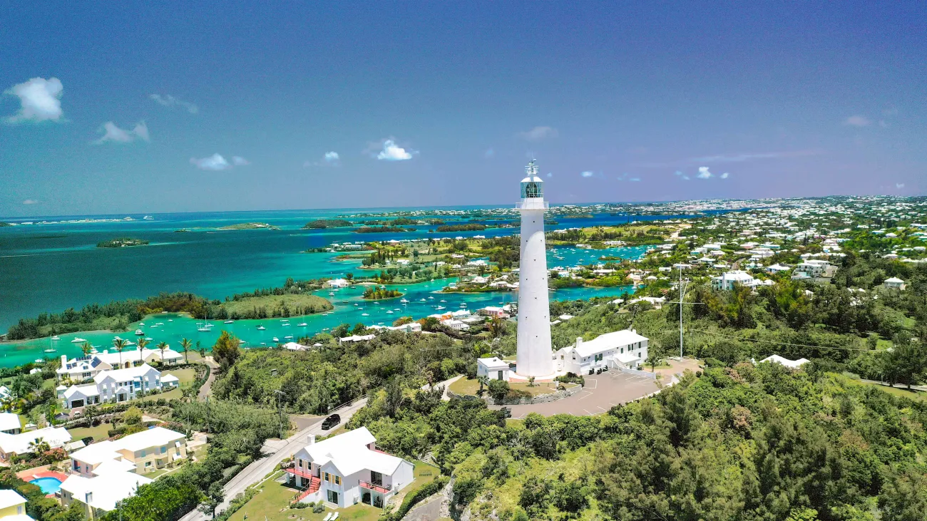 Aerial view of Gibbs Hill Lighthouse and Riddle's Bay