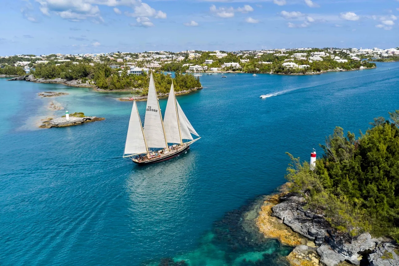 Aerial of Sprit of Bermuda Sloop sailing in the sound.