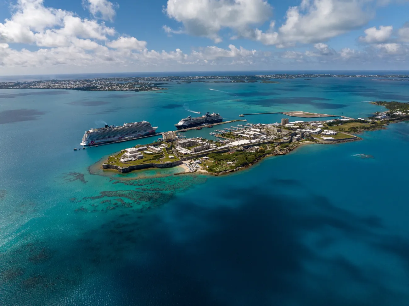 Aerial of Bermuda with cruise ships.