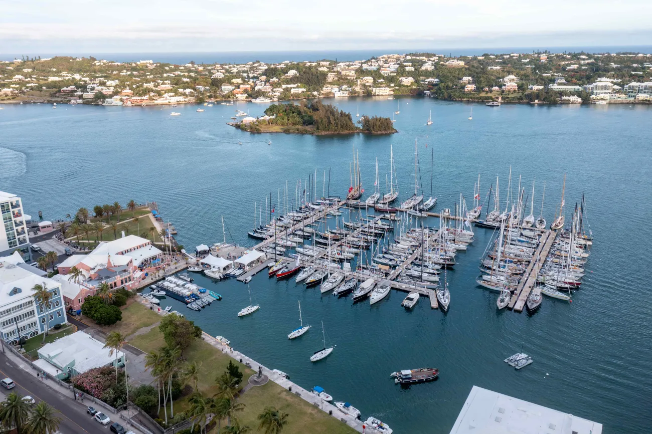 Aerial view of sail boats in a harbour