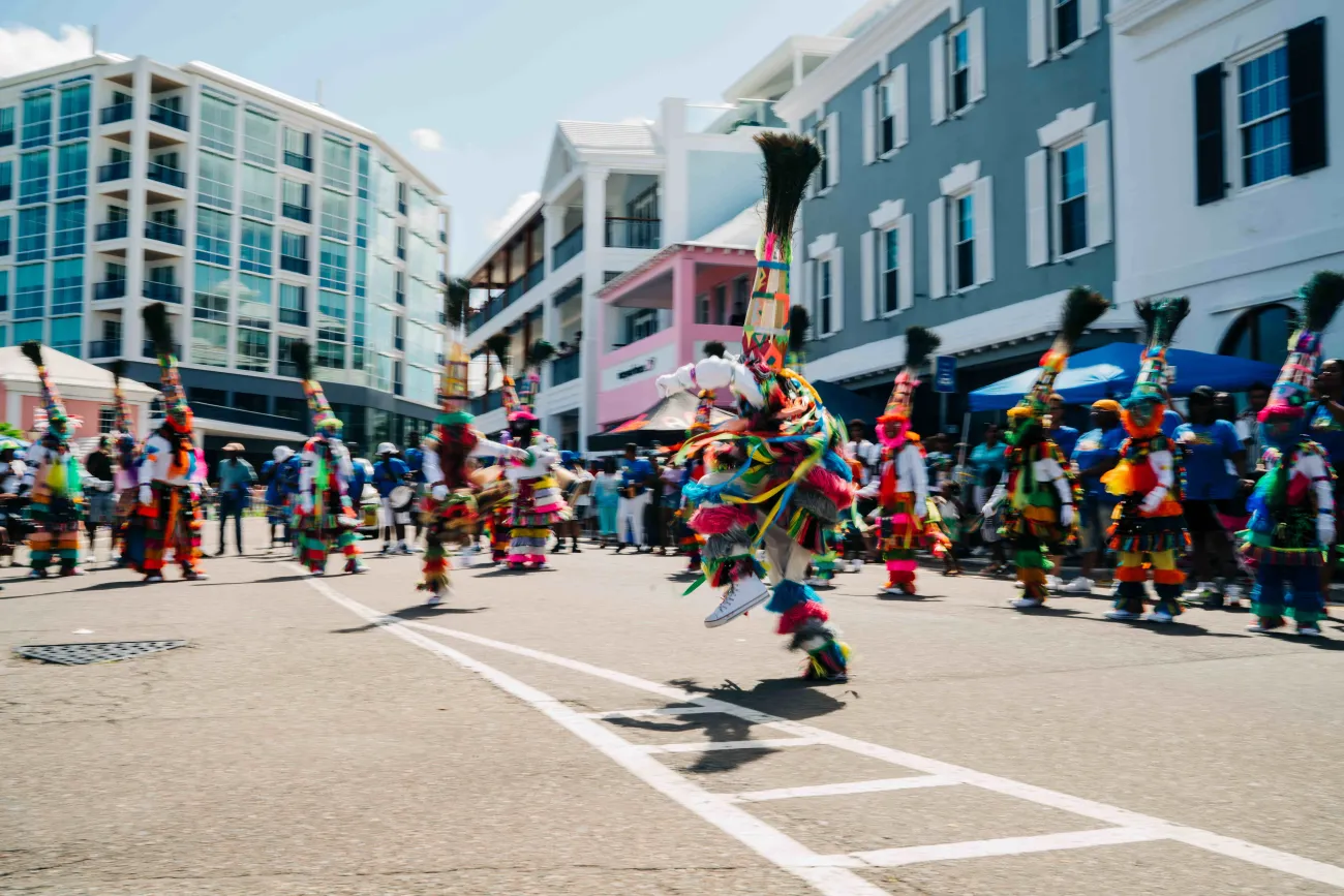 A gombey troupe is dancing.