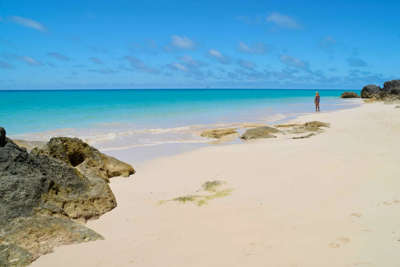 A woman is standing on a secluded beach.