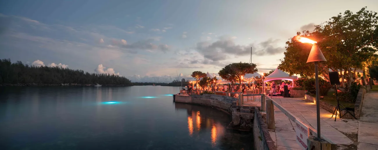 A waterside private party is happening with live music by still water.