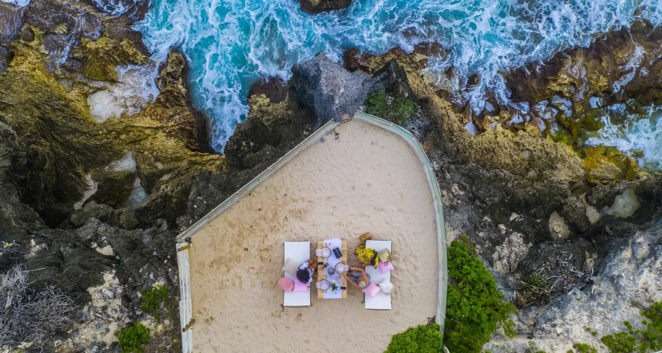 An aerial of a scenic picnic. 