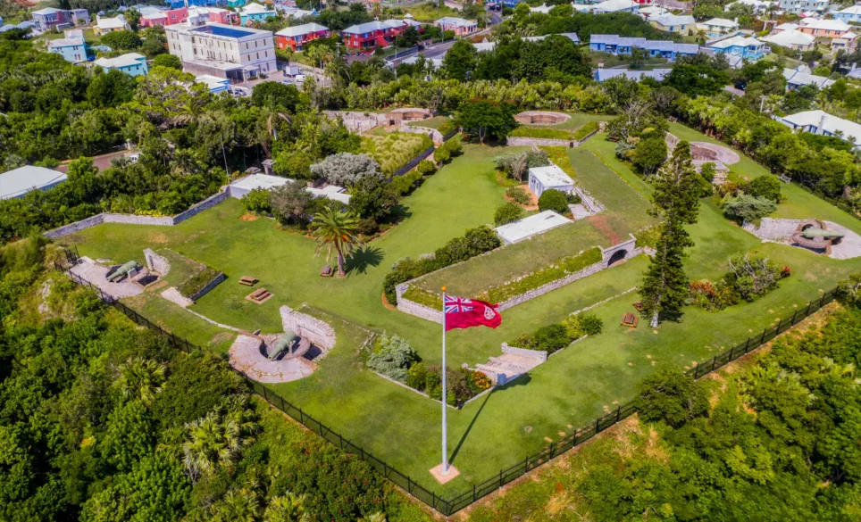 Aerial shot of an old fort and green space