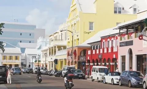 An image of the colourful buildings on Front Street