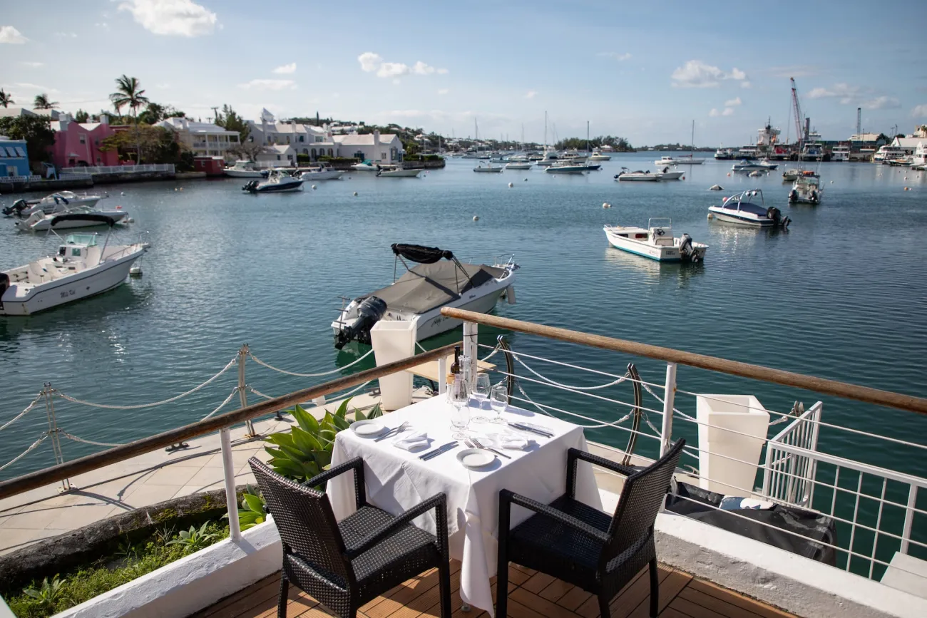 Patio table at Harbourfront Restaurant in Bermuda