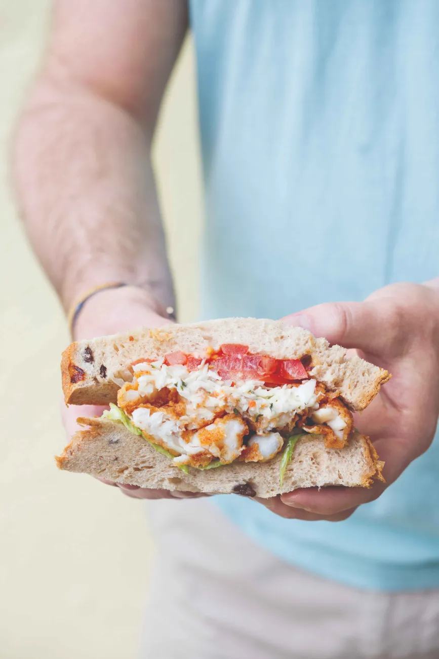 A close up of the classic fish sandwich from Seaside Grill.