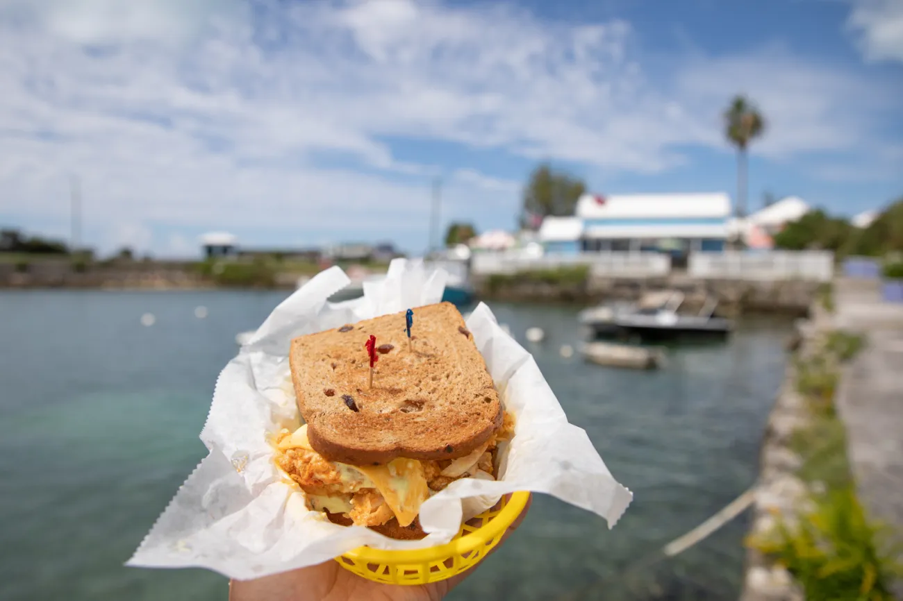 A close up of a fish sandwich with a marina and building in the background.
