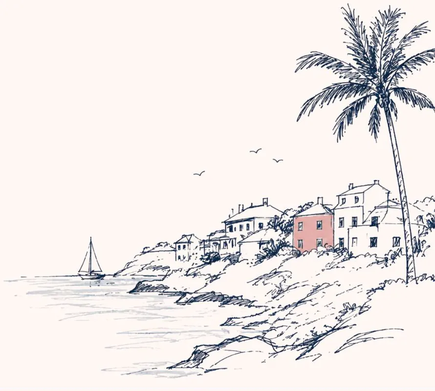 Pen sketch of a Bermuda coastline with cottages, a palm tree and a sailboat