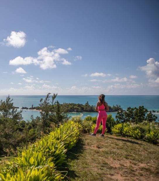 A woman is looking out at the water from a grassy viewpoint.