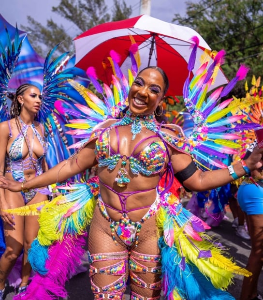 A woman is smiling in a carnival costume.