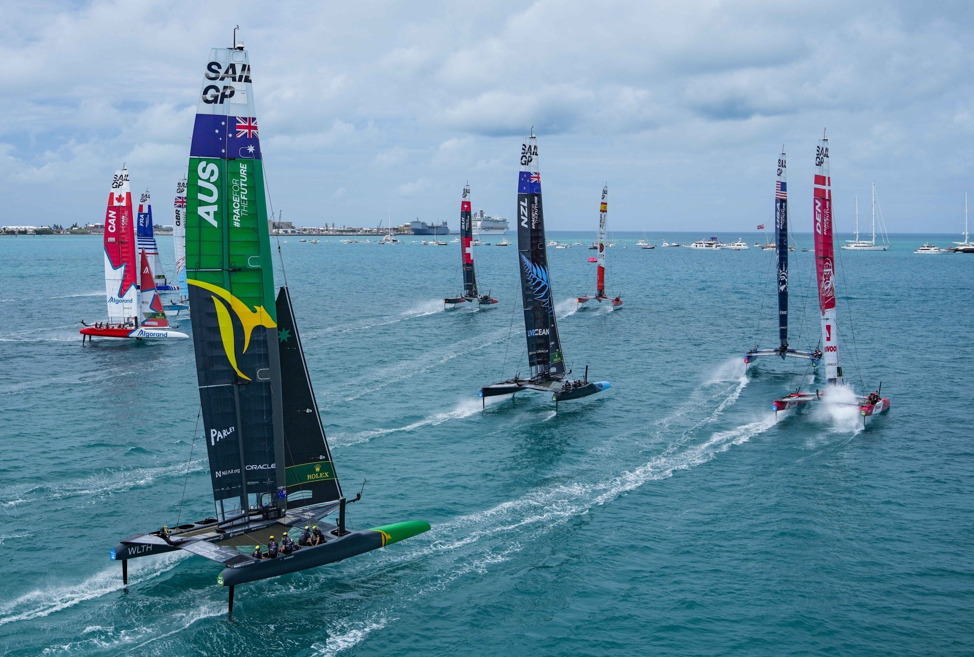 Birds eye view of boats racing during Sail GP.