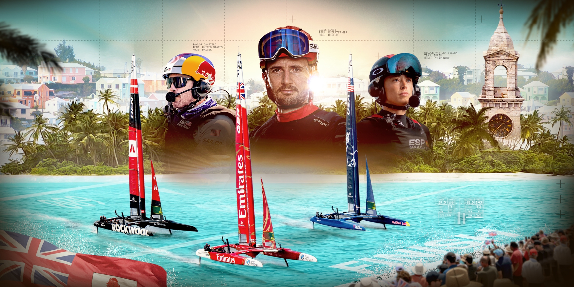 A group of sailors are posing on an official Sail GP poster. 